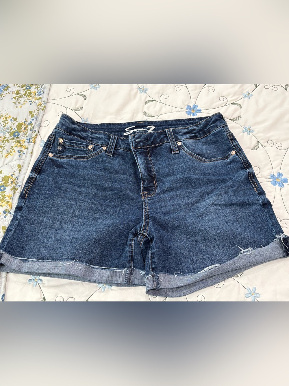 Seven7 Indigo Denim Shorts with White Logo Detail